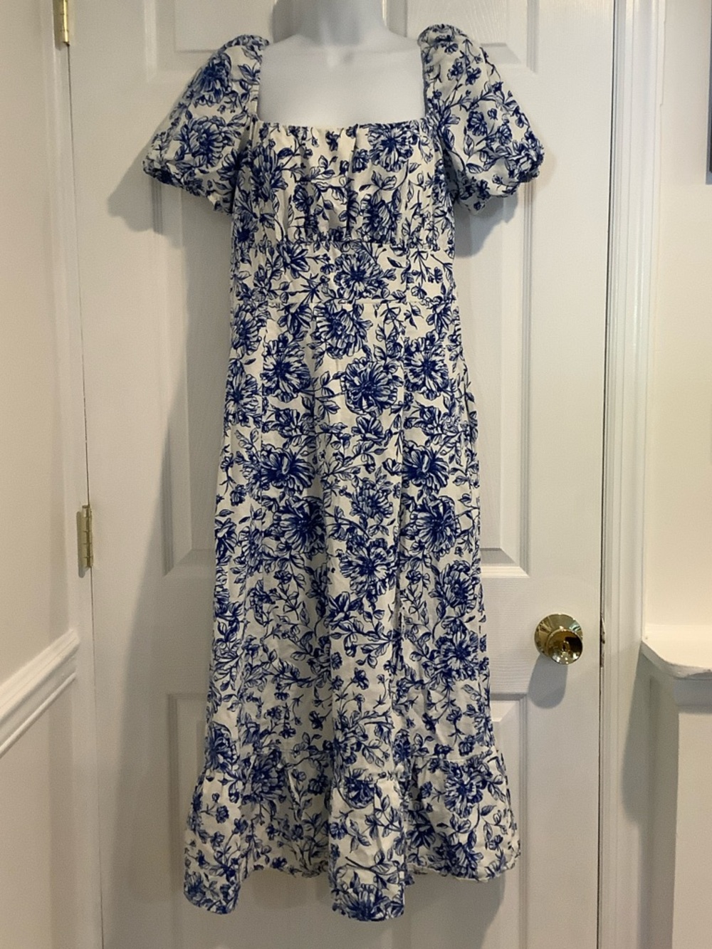 CLOVER AND SLOANE Linen Blend Blue/White Floral Euro Summer Vacation Dress 12